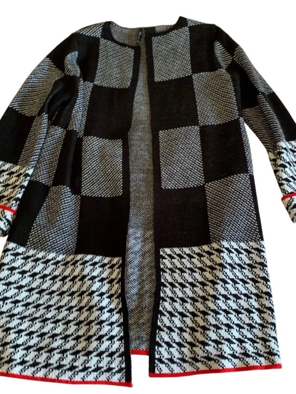 Houndstooth Open Cardigan Sweater PL Petite Large Gray Black  LagenLook Granny
